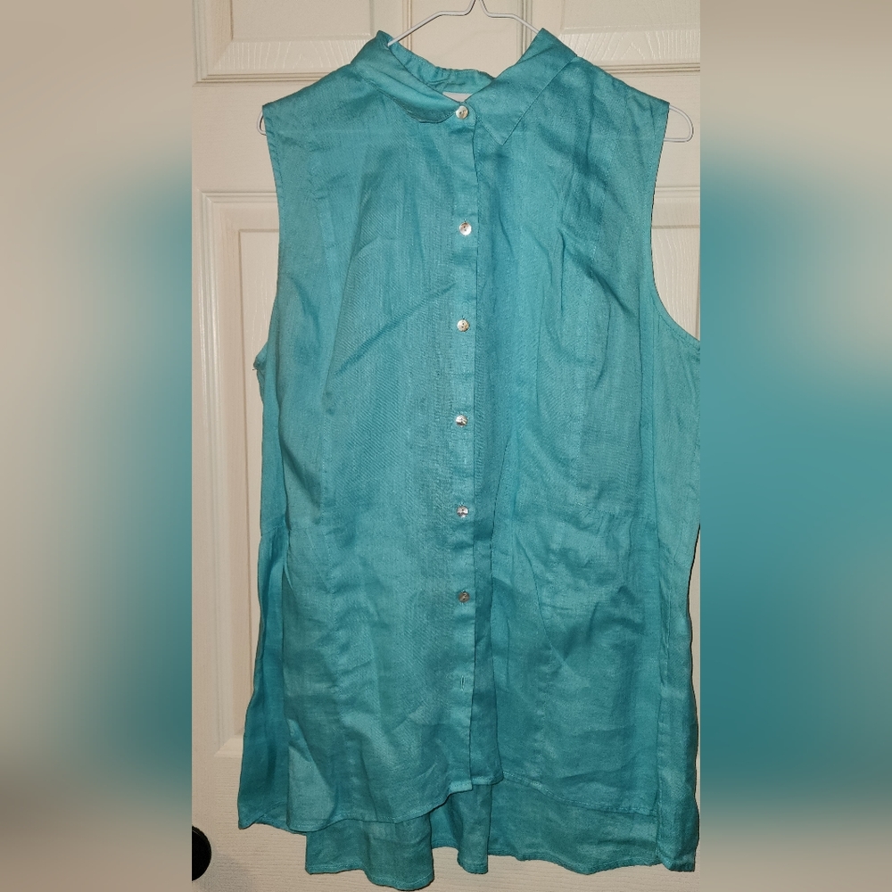 JJill Love Linen sleeveless button front shirt. Turquoise  sz large